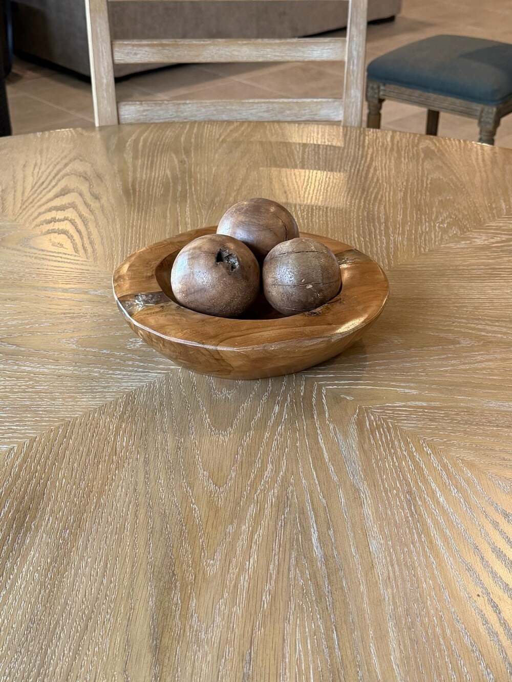 Handcrafted Teak Wood Decorative Bowl with Resin Inlay and Three Wooden Spheres